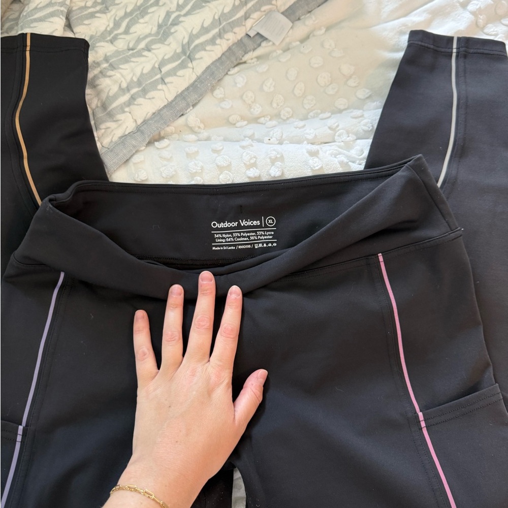 Outdoor Voices Black Leggings with Pink and Orange Accents